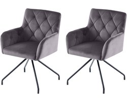 Merax Eetkamerstoelen Set Van 2 - Velours Stoelen Met Armleuningen En Ruitpatroon - Luxe Grijze Lounge Stoel Met Metalen Poten Voor Woonkamer Of Eetkamer