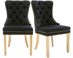 Merax Eetkamerstoelen Set van 2 – Zwart Velvet met Gouden Poten – Luxe Fluwelen Stoelen met Handgreep en Nagelkopdetails – 150 kg Draagvermogen