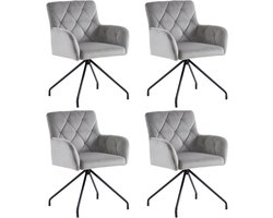 Merax Eetkamerstoelen Set van 4 – Lichtgrijs Fluweel – Stoelen met Armleuningen en Zwarte Metalen Poten