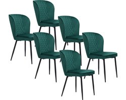 Merax Eetkamerstoelen Set van 6 - Donkergroen met Zwart - Luxe Stoel met Rugleuning en Stalen Onderstel