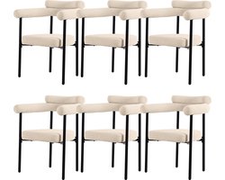 Merax Eetkamerstoelen Set van 6 met Armleuningen – Beige Fluweel – Ergonomische Rugleuning – Zwart Stalen Frame