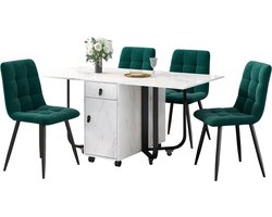 Merax Eettafel Set 5-Delig – Uitklapbare Eettafel met 4 Velvet Eetkamerstoelen – Wit met Zwart en Groen