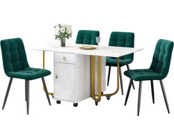 Merax Eettafel Set 5-Delig – Wit met Goud Uitklapbare Eettafel met 4 Groen met Zwart Eetkamerstoelen – Modern Design