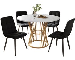 Merax Eettafel Set – 5-delige Eethoek – Ronde Tafel Ø100 cm met 4 Eetkamerstoelen – Wit MDF Tafelblad met Marmerlook – Gouden Metalen Poten – Zwart Fluwelen Stoelen