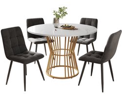 Merax Eettafel Set – Rond 100 cm – Inclusief 4 Donkergrijze Fluwelen Stoelen – MDF Tafelblad met Marmerlook – Gouden Metalen Poten – 5-delige Eethoek