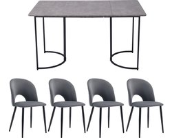Merax Eettafel Set van 5 - 140x80 cm Eettafel met 4 Eetkamerstoelen - Modern Keukentafel Set - Grijze Fluwelen Stoelen met Ruitenpatroon - Verstelbare Stijlvolle Stoelpoten - MDF Tafelblad in Grijs - Zwarte Tafelpoten