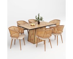 Merax Eettafel Set van 7 – Tafel met Houtnerf en 6 Rattan Eetkamerstoelen met Kunstleer Kussens – Beige met Bruin