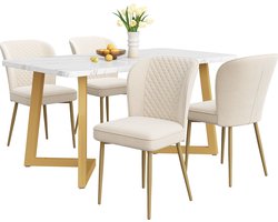 Merax Eettafelset (117x68 cm) – Moderne Eettafel met 4 Stoelen in Beige Velvet - Witte MDF Tafelblad - Gouden Metalen Poten