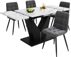 Merax Eettafelset 5 Delig Eettafel Met 4 Fluwelen Stoelen Marmerlook Tafelblad Zwarte U Poten Grijs
