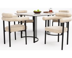 Merax Eettafelset 5-delig – Moderne rechthoekige eettafel met metalen designpoten en 4 ergonomische stoelen in crèmekleurige velvet stof