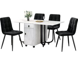 Merax Eettafelset (5-delig) – Uitschuifbare Eettafel (150×80×76 cm) met 4 Gestoffeerde Stoelen - Moderne Eetkamerset met Fluwelen Stoelen - Witte MDF-Tafelblad en Zwarte Metalen Poten