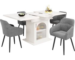 Merax Eettafelset (5-delig) – Uitschuifbare Eettafel met Opbergruimte en 4 Fluwelen Armstoelen – Moderne Eethoek – 140 x 80 cm