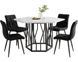 Merax Eettafelset 5-delig – Zeshoekige Wit Marmerlook met Zwart Eettafel en 4 Zwart Velvet Eetkamerstoelen