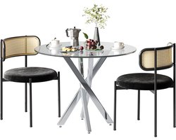 Merax Eettafelset met 2 Stoelen – Ronde Glazen Eettafel Ø80 cm – Compacte Eetkamerset voor 2-4 Personen – Zilver en Zwart