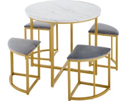 Merax Eettafelset met 4 Stoelen – Ronde MDF Eettafel met Verguld Staal – Grijze Fluwelen Stoelen – Moderne Luxe Tafelset
