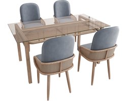 Merax Eettafelset met Opbergruimte – Eettafel met Tafelblad van Glas en 4 Velvet Eetkamerstoelen – Rattan Design – Grijs