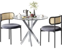 Merax Eettafelset – Ronde Eettafel 80x80 cm met Gehard Glazen Tafelblad en 2 Stoelen – Moderne Eetkamer set – Grijs & Zilver