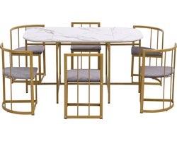 Merax Eettafelset voor Zes Personen - Moderne Eettafel met Zes Stoelen (Wit - Grijze Bekleding - Gouden Stalen Frame)