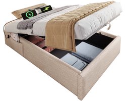 Merax Enkelbed 90x200 cm - Bedframe met USB-C Oplaadfunctie en Volledig Lattenbodem - Zonder Hoofdbord - Natuurlijk Linnen