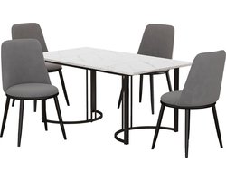 Merax Essgroep Set (140x80x75 cm Eettafel met 4 Stoelen) - Modern Keukentafel Set - Grijze Fluwelen Stoelen met Ronde Zitting - Zwarte Metaal Tafel- en Stoelpoten - Witte MDF Tafelblad