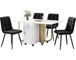 Merax Essgroep Set 150x80x76 cm - Klapbare Keukentafel met 4 Samt Stoelen - Gepolsterde Stoelen met Rugleuning - MDF Tafelblad in Wit - Zwarte Metaal Tafelpoten
