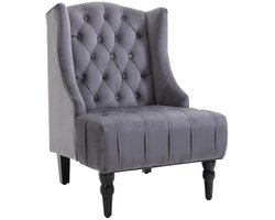 Merax Fauteuil Fluweel Grijs – Relaxfauteuil met Houten Poten – Hoge Rugleuning – Klassieke Loungestoel