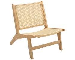 Merax Fauteuil Zonder Armleuningen - Rotan Rugleuning En Zitting - Houten Frame - Leesstoel Voor Woonkamer En Slaapkamer - Houtkleur - 64 x 70 x 74 cm