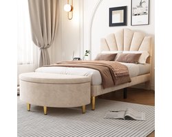 Merax Fluwelen Bed 90x200 cm inclusief Bedhocker – Beige Gestoffeerd Eenpersoonsbed met Schelpvormig Hoofdbord en Gouden Poten – Verstelbaar Hoofdeinde