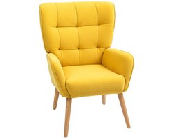 Merax Fluwelen Fauteuil Geel met Houten Poten – Loungestoel met Hoge Rugleuning – Relaxstoel voor Woonkamer - Slaapkamer of Leeshoek – 75x66x100 cm