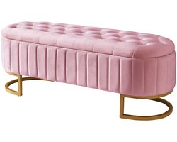 Merax Fluwelen Opbergbank 120x40 cm – Zitbank met Opbergruimte – Voetenbank Bed Hocker - Roze met Goud