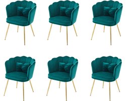 Merax Fluwelen Stoelen Set van 6 – Groen – Eetkamerstoelen met Bloemen Vorm Rugleuning en Gouden Poten