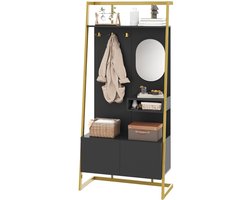 Merax Garderobekast – Kapstok met Spiegel en Schoenenkast – Zwart met Goud