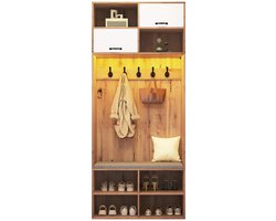 Merax Garderobekast met Grijze Zitbank en 5 Haken - Moderne Hal Kast met 2 Deuren en 6 Open Vakken - Bruin met Wit en Zwart - 80x35x185 cm