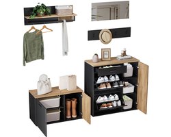 Merax Garderobeset 5-in-1 met Spiegel – 2x Schoenenkast en Kapstok met 4 Haken en Wandplank – Halmeubel met Lade en Opbergruimte – Zwart met Hout Bruin 85/80 cm