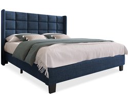 Merax Gestoffeerd Bed 140x200 cm - Bed met Lattenbodem en Rugleuning - Blauw Linnen - Geen Boxspring Vereist