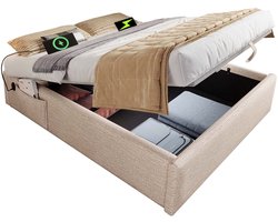 Merax Gestoffeerd Bed 140x200 cm met Opbergruimte - USB-C Aansluitingen en Houten Lattenbodem - Zonder Hoofdbord - Linnen Stof - Natuurlijk