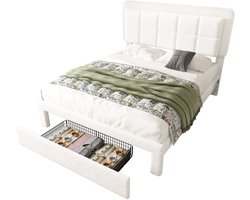 Merax Gestoffeerd Bed 140x200 cm – Teddy Fluweel – Verstelbaar Hoofdbord – LED Verlichting – USB Aansluiting – Moderne Bedombouw – Wit