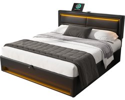Merax Gestoffeerd Bed 160 x 200 cm - met USB-oplaadpunten (draadloos en bedraad opladen) - LED-verlichting en Opbergruimte - Zwart - PU-Leder Litchi-Patroon