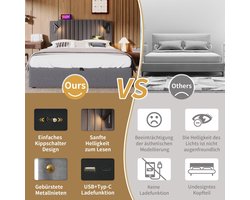 Merax Gestoffeerd Bed 160x200 cm - Bed met Opbergruimte en LED Leeslamp - USB Type-C Lader - Linnen Stof - Grijs - Zonder Matras