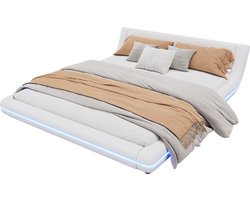 Merax Gestoffeerd Bed 160x200 cm - Laag Bed op de Grond - Kunstleer - LED Verlichting met Afstandsbediening - Wit - Zonder Matras