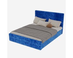 Merax Gestoffeerd Bed 160x200 - Fluwelen Bedframe met Hoofdbord - Blauw - Bed met Opbergruimte - Modern Slaapkamerbed