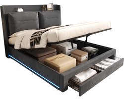 Merax Gestoffeerd Bed 180x200 cm - Bed met Opbergruimte - Hydraulische Opbergruimte - 2 Opberglades - LED Verlichting met Afstandsbediening - Houten Lattenbodem - Fluweel - Donkergrijs - Zonder Matras