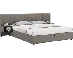 Merax Gestoffeerd Bed 180x200 cm met Hydraulische Opbergruimte en Twee Nachtkastjes - Inclusief Lattenbodem - Grijs/Zwart - Linnen