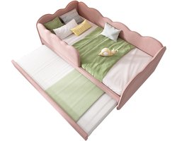 Merax Gestoffeerd Bed 90x190 cm - Logeerbed met Uittrekbed - Kinderbed met Houten Lattenbodem - Fluwelen Stof - Roze - Zonder Matras