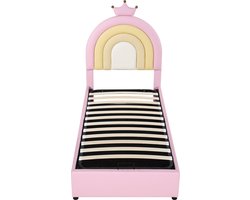 Merax Gestoffeerd Bed 90x200 cm - Hydraulisch Bed met Lattenbodem en Verstelbaar Hoofdbord - Kinder- en Tienerbed - PU Leer Roze