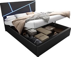 Merax Gestoffeerd Bed 90x200 cm Hydraulische Opbergruimte – Zwart PU Leder – Eenpersoonsbed met LED Verlichting
