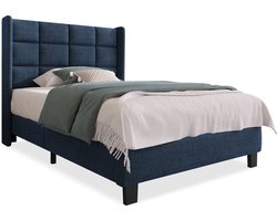 Merax Gestoffeerd Bed 90x200 cm met Hoofdbord en Lattenbodem - Blauwe Linnen Bed voor Volwassenen en Tieners - Medium Hardheid (Matras niet Inbegrepen)