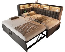 Merax Gestoffeerd Bed 90x200 cm - uitschuifbed 90x190 cm - Slaapbank - Logeerbed - linnen stof - L-hoofdbord met opbergvakken - LED verlichting met afstandsbediening - USB en Type-C aansluiting - grijs - zonder matras