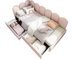 Merax Gestoffeerd Bed met Opbergruimte 90x190 cm - Slaapbank met Fluwelen Bekleding en Houten Lattenbodem - Roze