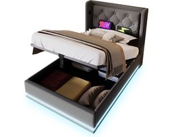 Merax Gestoffeerd Bed met USB Type-C - Hydraulische Opbergruimte en 3-Zijdige LED-Verlichting – 90x200 cm - Grijs Katoen (Zonder Matras)
